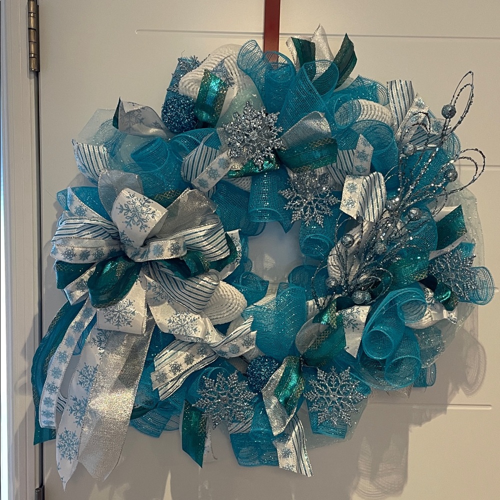 Elegant Teal and Silver Snowflake Winter or Holiday Wreath